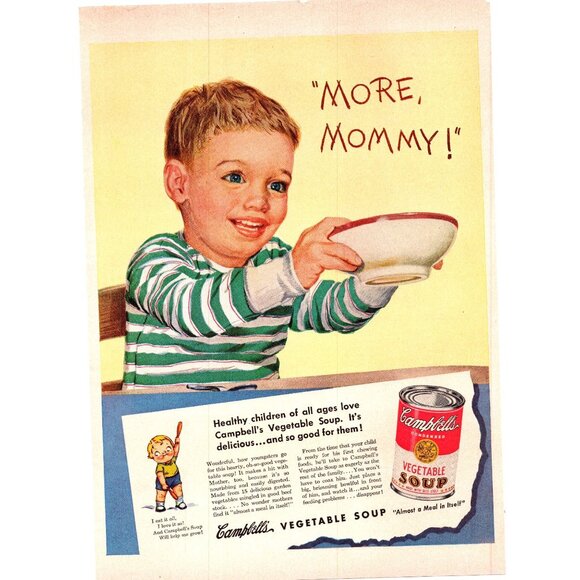 1950 Campbell's Vegetable Soup Vintage Print Ad Little Boy More Mommy Wall Art - Picture 1 of 2